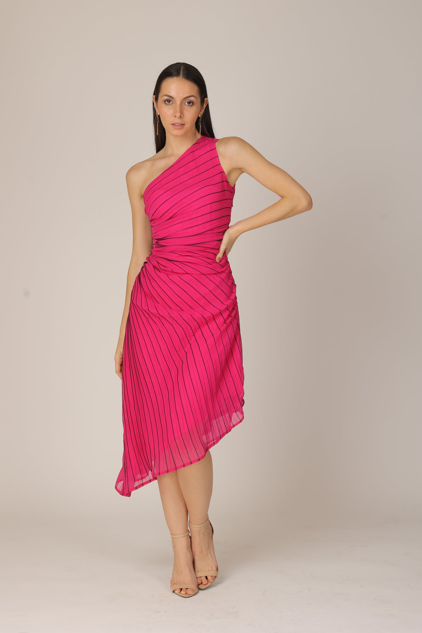 Pink Elegance: The Pleated One-Shoulder Stunner